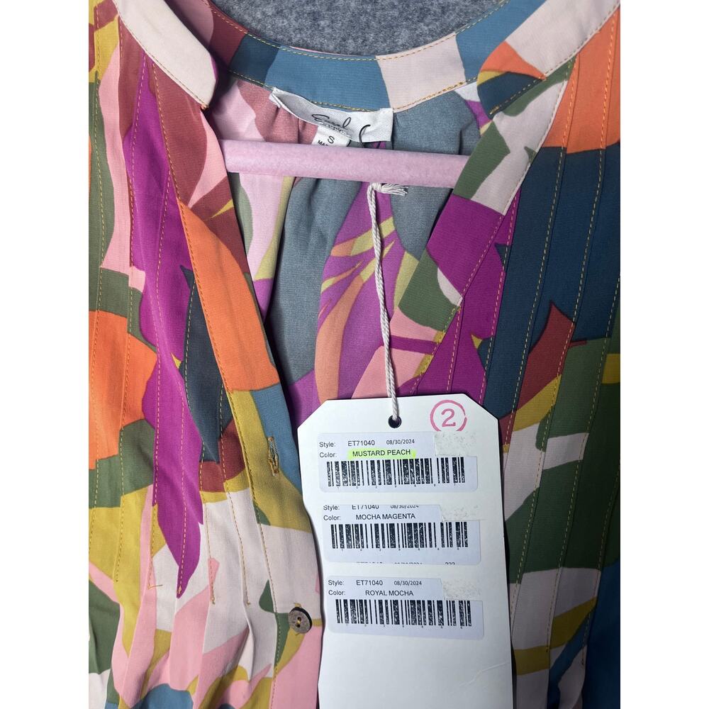 Easel Long Sleeve Pleated Abstract Colorful Sophia Twill Button Blouse Small NWT - Picture 7 of 7